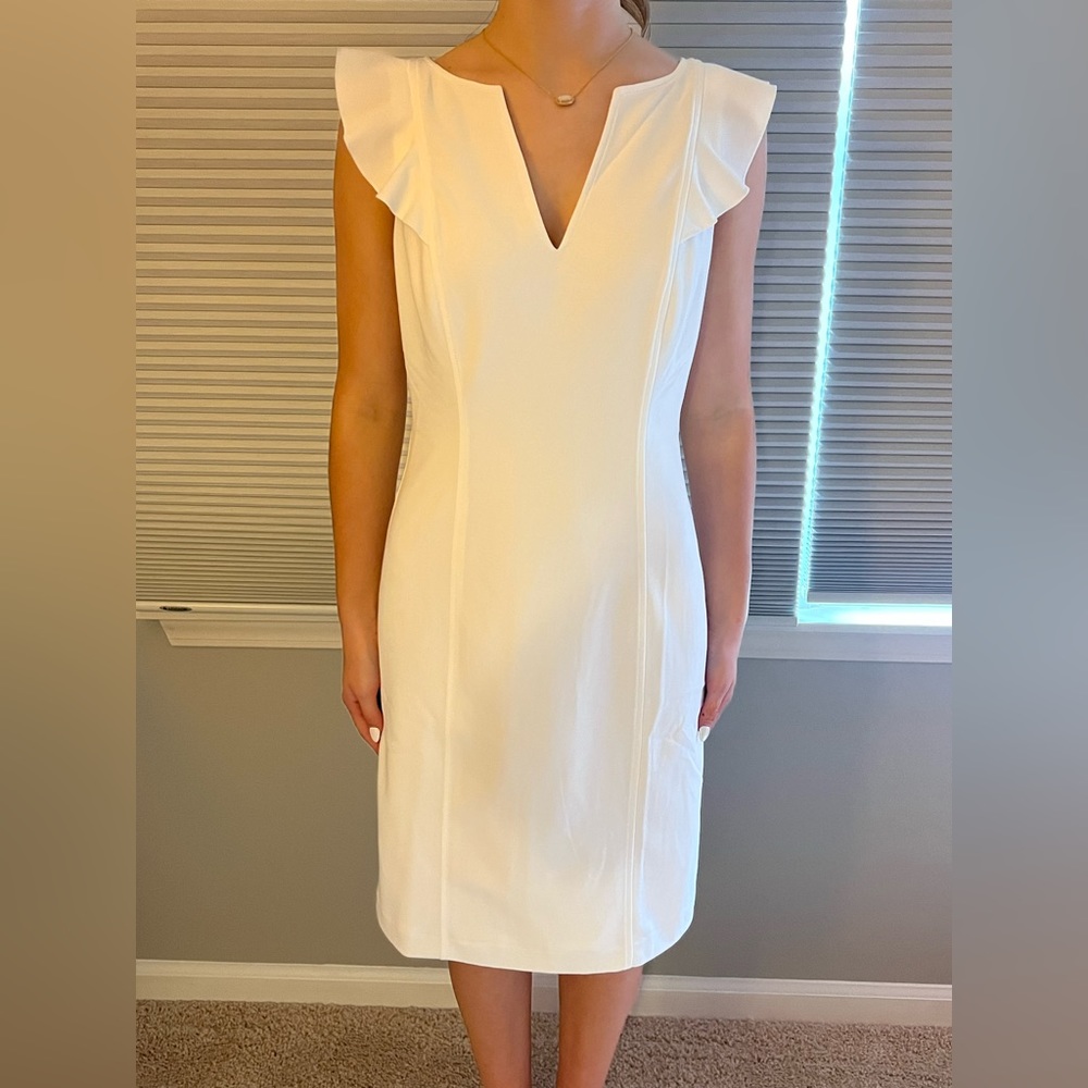 Flutter sleeve v neck sheath dress with zip back color ecru